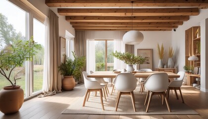 Fototapeta premium organic modern dining room with wooden table white chairs large ceramic vase natural light and wooden ceiling beams create serene atmosphere