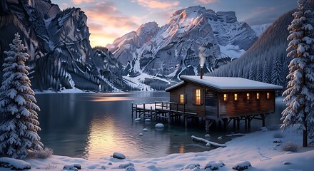 A serene winter cabin nestled on a snow-covered lakeshore, bathed in the warm glow of a sunrise, amidst majestic snow-capped mountains.