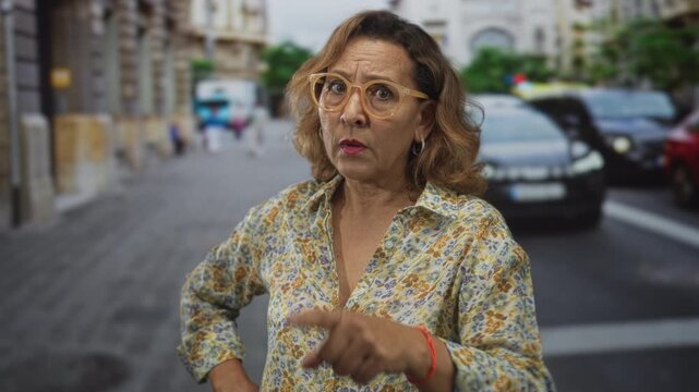 Woman points finger to camera on busy city street with parked cars and ornate building facades; blame.