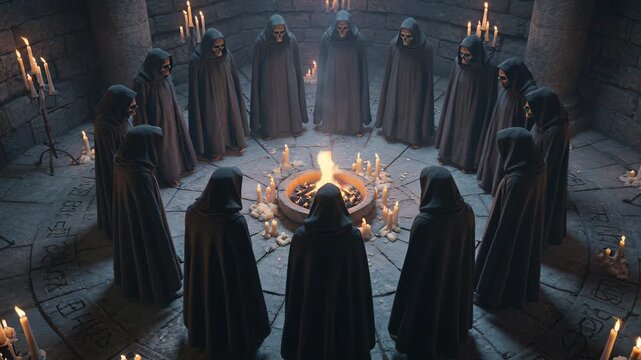Cloaked participants perform cryptic ceremonial practice within shadowy stone interior, arranging circular formation around central flame with multiple illuminated candelabras