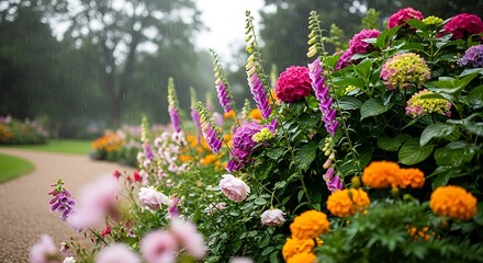 Obraz premium Colorful Hydrangeas and Marigolds Blooming in a Garden During Rainy Weather