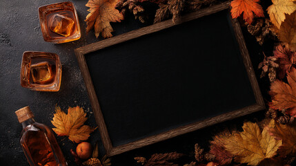 Autumn whiskey drinks with empty board and autumn leaves