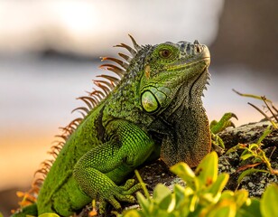 Fototapeta premium A vibrant green iguana, basking on a sunlit rock, head turned towards the right, featuring detailed scales and a spiky crest