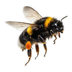 Fluffy bumblebee with yellow stripes and pollen sac flies on black.