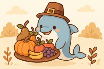 Fototapeta premium Cute dolphin with Thanksgiving feast.