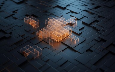Abstract futuristic technology background with glowing cubes and circuit patterns, showcasing advanced computing and digital network infrastructure with intricate details