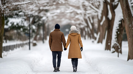 Winter stroll: a couple hand in hand, enjoys a walk through a snow-covered park, their coats a warm contrast to the snowy landscape. The snow glistens.