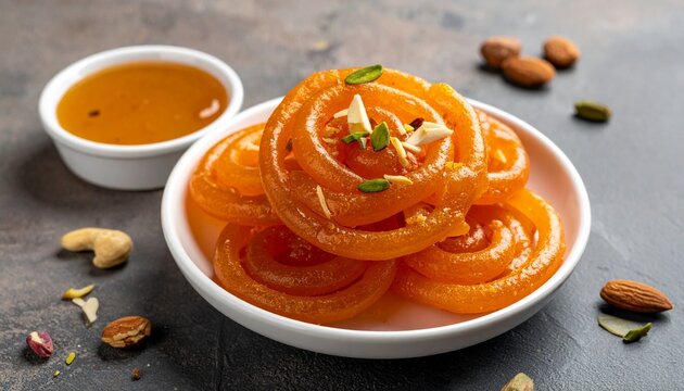Bright orange jalebis in spiral shapes on a plate, glossy with sugar syrup and garnished with pistachios, celebrating festive sweetness and tradition.