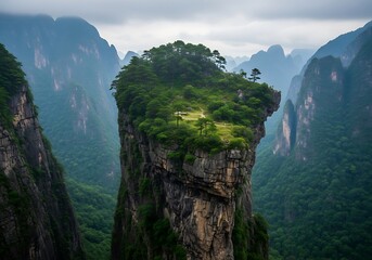 A dramatic landscape showcases a secluded island peak rising above a deep gorge, draped in lush greenery, bathed in soft, diffused light.