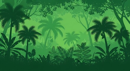 Lush Green Jungle Scene with Palm Trees and Dense Foliage.