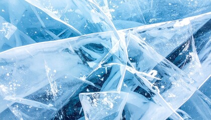 Close-up of cracked blue and white ice with intersecting fissures and transparent layers, revealing depth, texture, and natural geometric beauty.