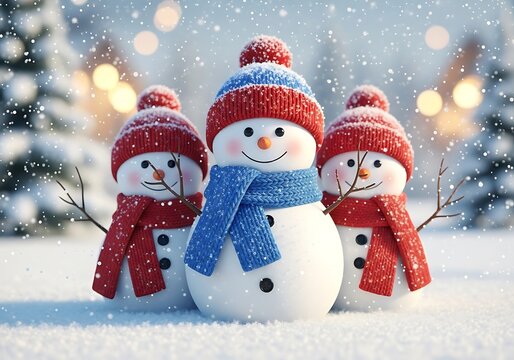 Corri seizinger three cheerful snowmen with hats and scarves in a snowy forest during snowfall with bokeh lights