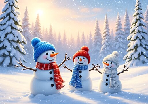 Corri seizinger three snowmen in a snowy forest at sunrise, wearing hats and scarves, with pine trees