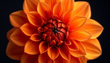 Close-up of a fully bloomed orange dahlia with symmetrical petals and gradient hues against a black background, highlighting natural elegance and vivid contrast.