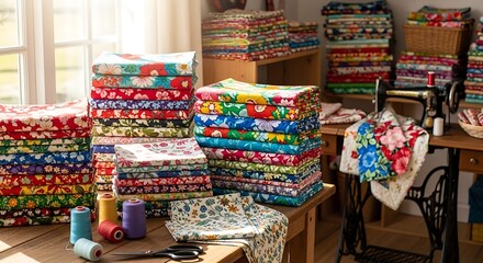A brightly colored array of floral patterned fabrics stacks high in a sewing , showcasing a variety of vibrant colors and designs.
