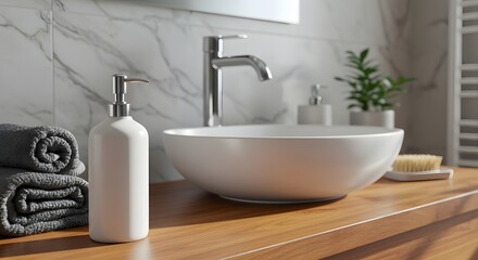 Fototapeta premium White Cosmetic Bottles near Modern Bathroom Sink on Wood Surface