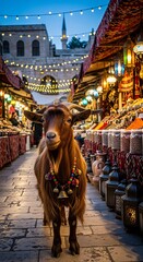 A goat adorned with colorful beads and bells stands in a bustling evening market, surrounded by spices and traditional lanterns.