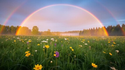 Double rainbow over a meadow filled with wildflowers - Powered by Adobe