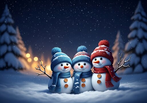 Corri seizinger three cute snowmen in knitted hats and scarves stand together in a snowy forest at night