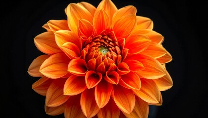 Close-up of a fully bloomed orange dahlia with symmetrical petals and gradient hues against a black background, highlighting natural elegance and vivid contrast.