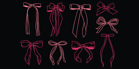 Collection of decorative red bows with flowing ribbons for festive occasions isolated on transparent background
