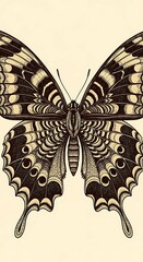 A detailed illustration of a butterfly, showcasing intricate wing patterns and delicate lines, rendered in a vintage style against a neutral backdrop.