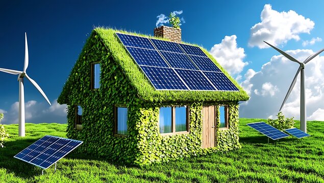 Eco friendly house with solar panels and wind turbines sustainable living green energy high resolution photo