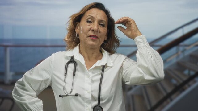 Middle aged woman doctor with stethoscope wiping sweaty forehead on cruise ship deck at sea; fatigue compassion.