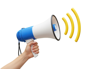 Hand holding a blue and white megaphone broadcasting sound waves.