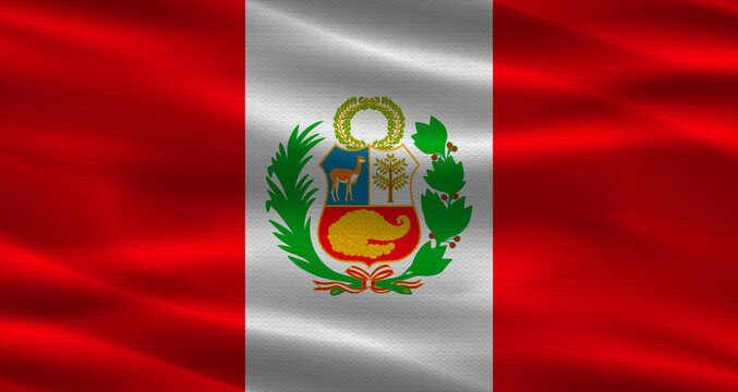 Peru flag with fabric texture. Realistic flag of Peru waving