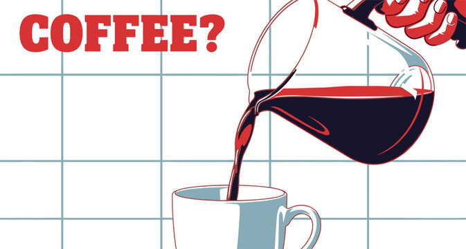 Coffee pour illustration, a cup being filled with dark coffee, perfect for cafe or coffee shop promotions