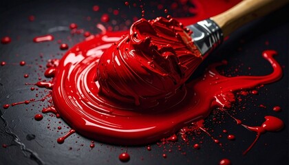 Close-up of a paintbrush resting in glossy red paint on a dark surface, with splatters and strokes evoking motion, texture, and vivid intensity.