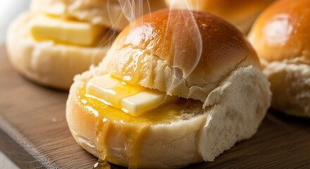 Fresh Soft Bread Roll with Butter and Melting Cheese on Wooden Surface