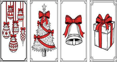 Festive Christmas Decorations Featuring Ornaments, Tree, Bell, and Gift Box on a White Background