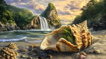 Enchanting tropical island paradise with waterfall and giant seashell high resolution photo