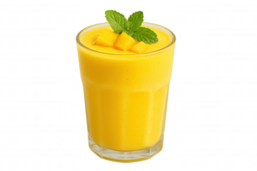 Refreshing mango smoothie in glass, garnished with fresh mint leaves and diced fruit, offering healthy tropical juice
