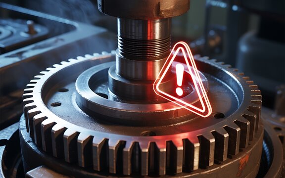 A closeup of industrial machinery with a prominent gear and a warning sign, highlighting potential hazards or malfunctions in a manufacturing or engineering setting