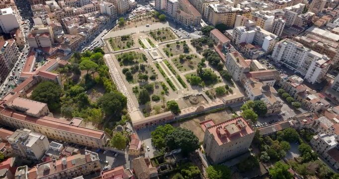 Aerial view of the Zisa, an Arab-Norman style palace in Palermo, Sicily, Italy. It's a Norman hunting lodge and summer palace in the western area of ​​the city. A public park is located in front of it