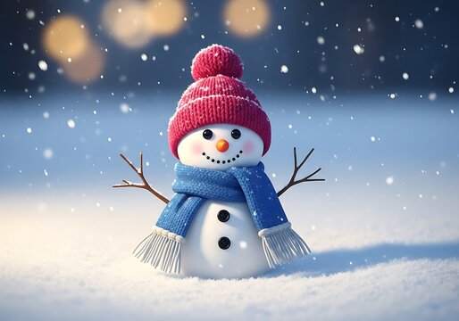 Corri seizinger a single adorable snowman with a red knitted hat and blue scarf in a snowy winter scene