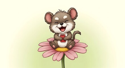 Cute cartoon mouse sitting on a pink daisy flower, smiling happily.