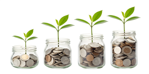 Four glass jars filled with coins and growing plants, isolated on transparent background