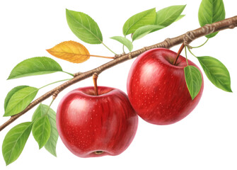 Two ripe red apples hanging from a branch with green leaves, isolated on transparent background