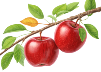 Two ripe red apples hanging from a branch with green leaves, isolated on transparent background