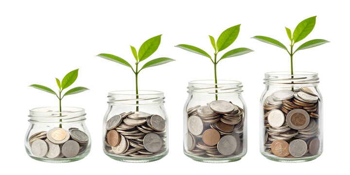 Four glass jars filled with coins and growing plants, isolated on transparent background