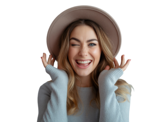 Joyful young woman wearing a hat winks and smiles embracing happiness close up portrait
