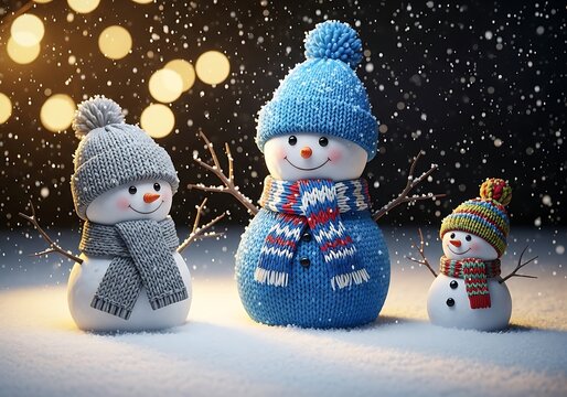Corri seizinger three snowmen of different sizes in a snowy forest at night with bokeh lights and falling snow