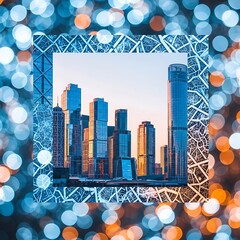 A modern cityscape framed by intricate leaf patterns, bathed in a soft sunset glow and vibrant bokeh.