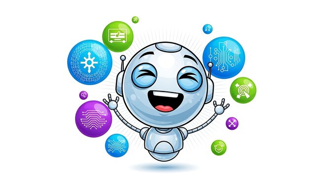 Happy Robot with Colorful Orbs and Symbols on White Background.