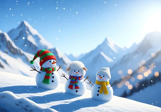 Corri seizinger three snowmen on a snowy mountain slope with winter mountains and bokeh lights