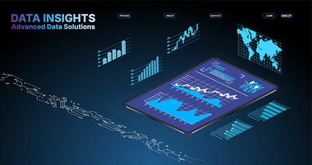 Data insights displayed on a tablet with graphs and maps in a dark background showcasing advanced data solutions